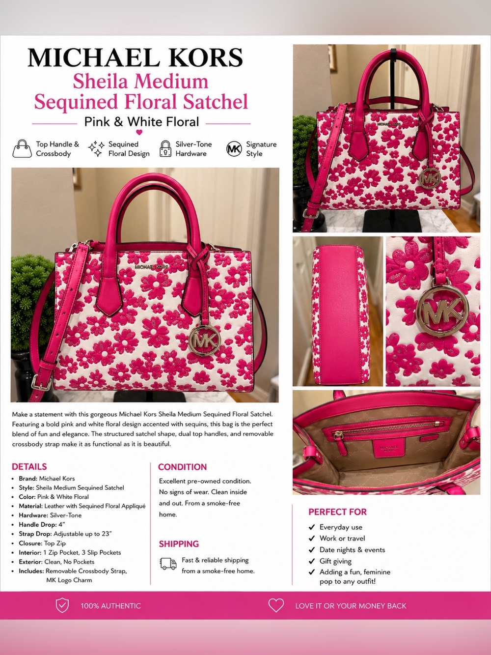 Michael Kors Sheila Medium Sequined Floral Satchel Pink/White Leather Crossbody